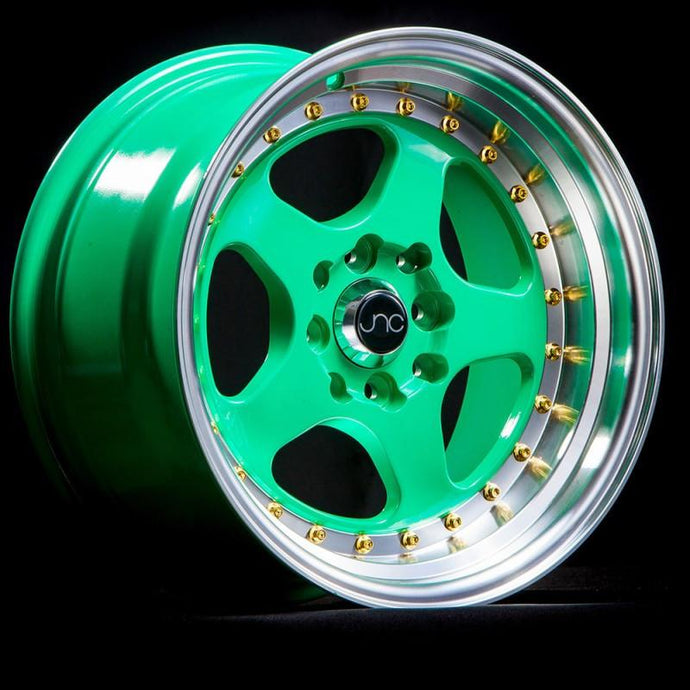 JNC010 | Wasabi Green w/ Gold Rivets | 15x8 | 4x100/4x114.3 | +20mm | CB: 73.1