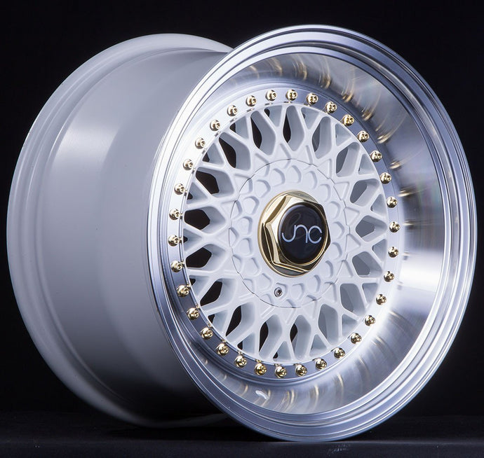JNC004S | White Machined Lip Gold Rivets| 17x8.5 | 5x100/5x114.3 | +15mm | CB: 73.1