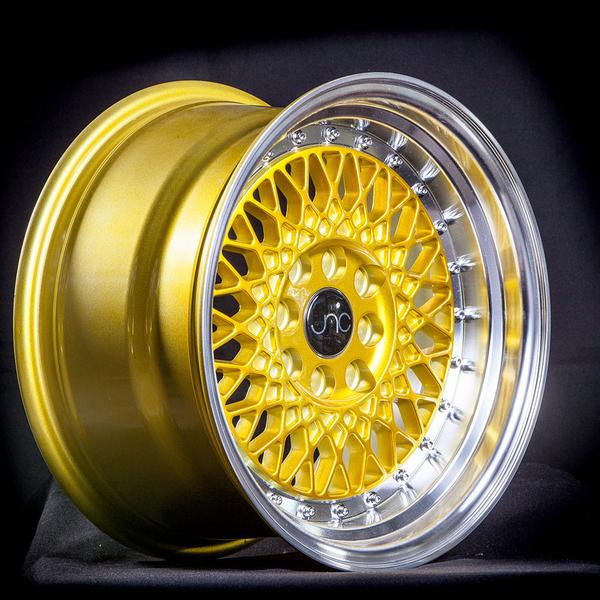 JNC031 | Candy Gold Machined Lip Chrome Rivets | 16x8 | 4x100/4x114.3 | +20mm | CB: 73.1