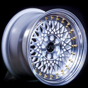 JNC031 | White Machined Face Gold Rivets | 15x8 | 4x100/4x114.3 | +20mm | CB: 73.1