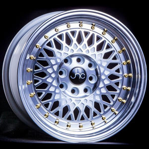 JNC031 | White Machined Face Gold Rivets | 15x8 | 4x100/4x114.3 | +20mm | CB: 73.1