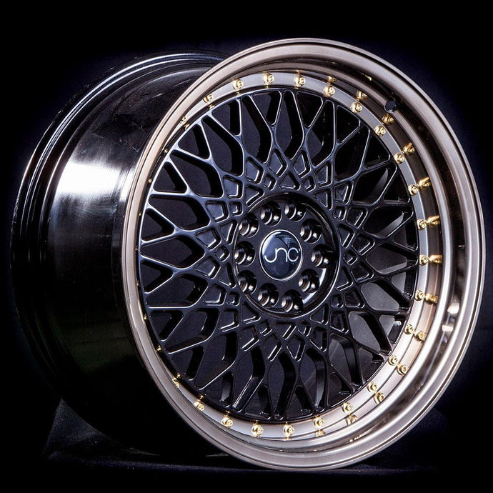 JNC031 | Matte Black Machined Bronze Gold Rivets | 18x9.5 | 5x100/5x114.3 | +35mm | CB: 73.1