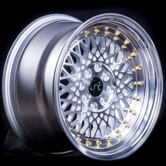 JNC031 | Silver Machined Face Gold Rivets | 17x9 | 4x100/4x114.3 | +30mm | CB: 73.1