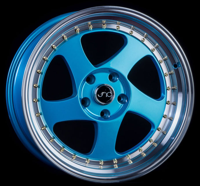 JNC034 | Teal Blue Machine Lip Gold Rivets | 18x10 | 5x114.3 | +25mm | CB: 73.1