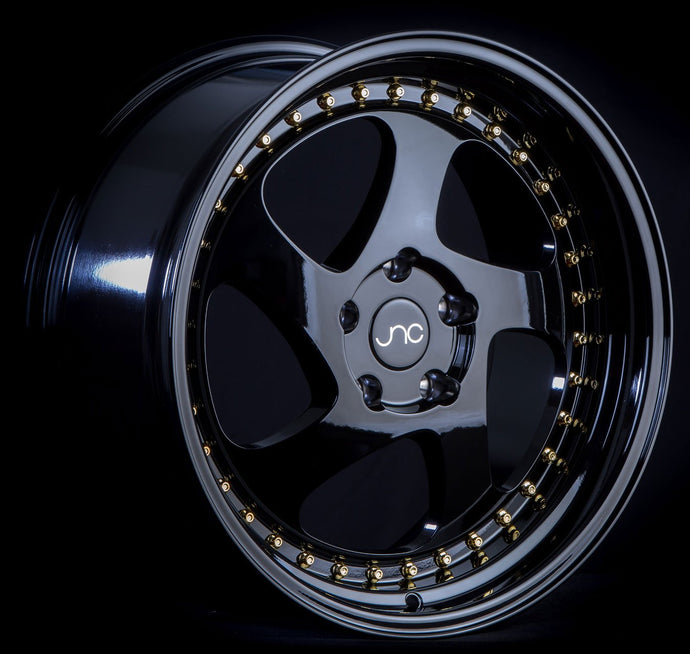 JNC034 | Gloss Black Gold Rivets | 18x8.5 | 5x114.3 | +30mm | CB: 73.1