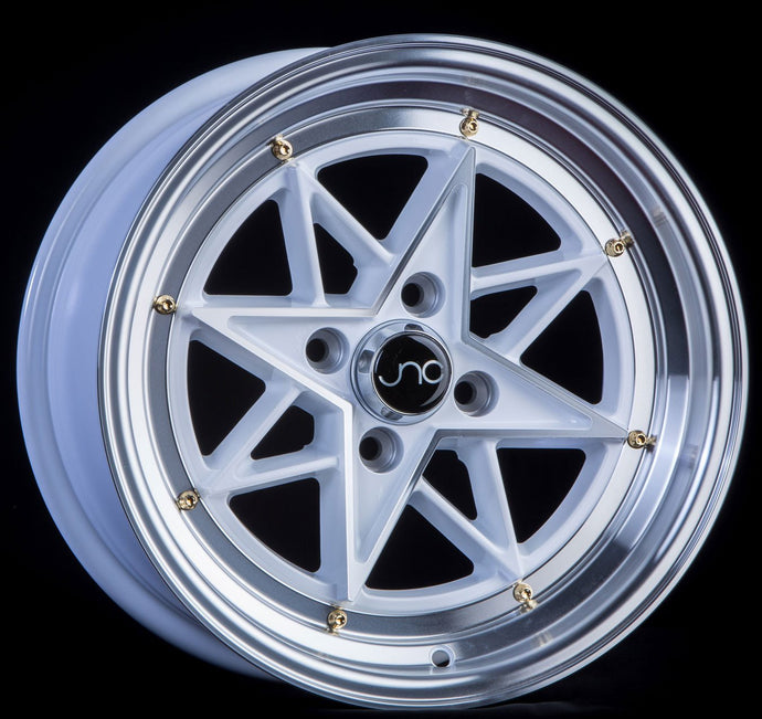 JNC025 | White Machined Face Gold Rivets | 15x8 | 4x100 | +25mm | CB: 73.1