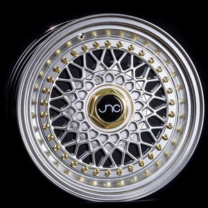 JNC004S | Silver Machined Lip Gold Rivets| 17x8.5 | 5x100/5x114.3 | +15mm | CB: 73.1
