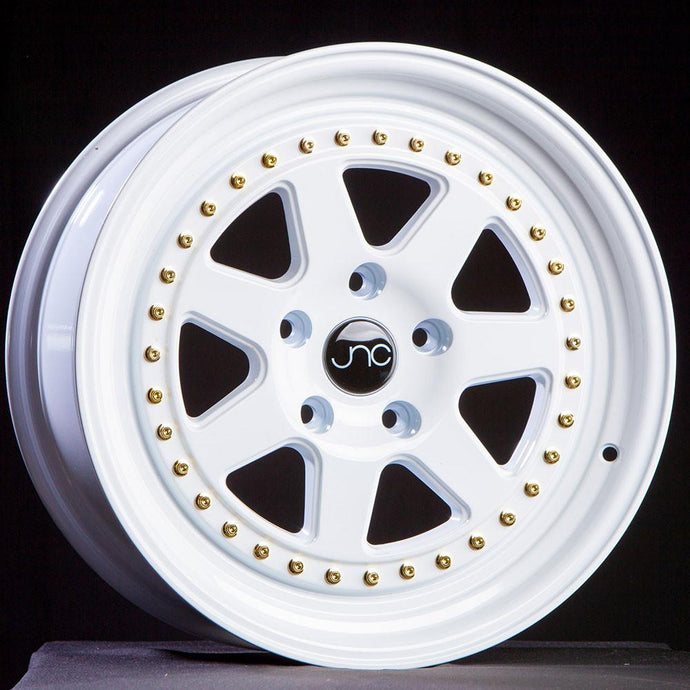 JNC048 | WHITE WITH GOLD RIVETS | 17x8 | 4x100 | +30mm | CB: 73.1