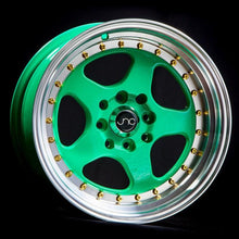 JNC010 | Wasabi Green w/ Gold Rivets | 15x8 | 4x100/4x114.3 | +20mm | CB: 73.1