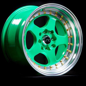 JNC010 | Wasabi Green w/ Gold Rivets | 15x8 | 4x100/4x114.3 | +20mm | CB: 73.1