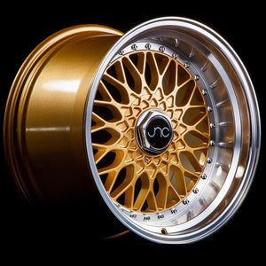 JNC004 | Gold Machined Lip with Chrome Rivets | 17x8.5 | 5x100/5x114.3 | +15mm | CB: 73.1