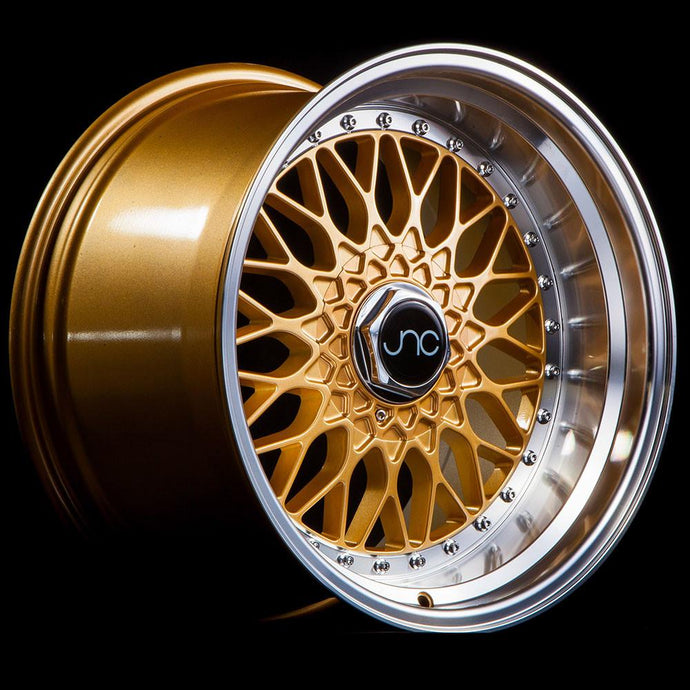 JNC004 | Gold Machined Lip with Chrome Rivets | 17x8.5 | 5x100/5x114.3 | +15mm | CB: 73.1